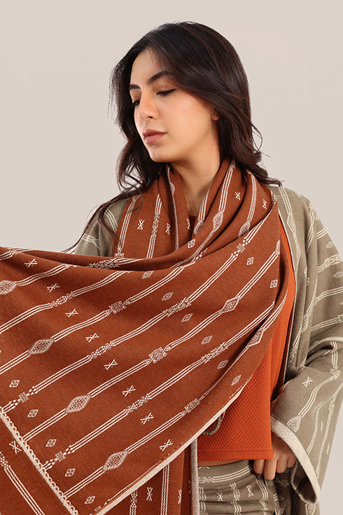 Embroidered striped shawl with tassels